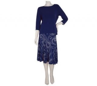 Susan Graver Liquid Knit Piped Solid Top w/Swirl Print Skirt