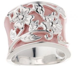 Sterling Pink Enamel Band Ring with Raised Floral Detail —