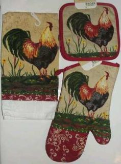 ROOSTER COUNTRY KITCHEN TOWEL POT HOLDER OVEN MITTEN COOKING 4 PIECE