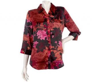 Susan Graver Printed Charmeuse Tab Sleeve Button Front Blouse