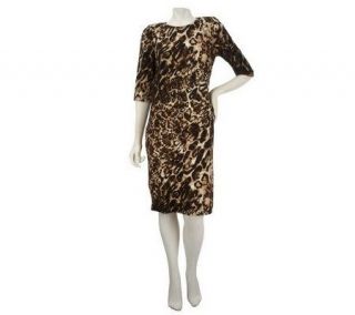 Dennis Basso Leopard Print Elbow Sleeve Dress with Pleating Detail 