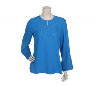 Susan Graver Cool Peachskin Eyelet Henley Tunic with Embroidery