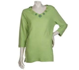 Denim & Co. 3/4 Sleeve V Neck Tunic with Disc Beads —