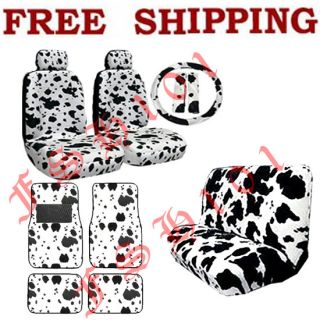 New Set Black White Cow Print Car Seat Covers Steering Wheel Cover