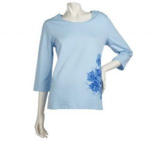 Denim & Co. 3/4 Sleeve Knit Top w/ Shirring and Placement Print