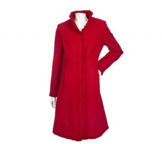 Centigrade Wool Blend Ruffle Front Coat with Stand Collar   A210166