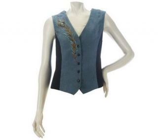 Bob Mackies Peacock Plume Embroidered Faux Suede and Moleskin Vest 