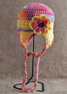 Ear Flap Hat Flower Braided Ties Hand Crocheted Toddler Warm Winter
