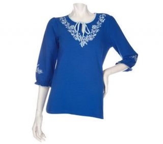 Denim & Co. 3/4 Sleeve Peasant Top w/ Embroidery Detail   A97475