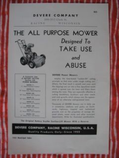 1953 DEVERE COMPANY ROTARY SCYTH LAWN MOWER RACINE WISCONSIN
