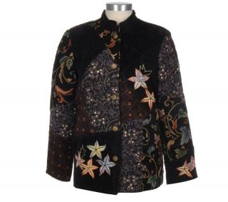 Indigo Moon Chenille Patchwork Jacket w/ Floral Motif —