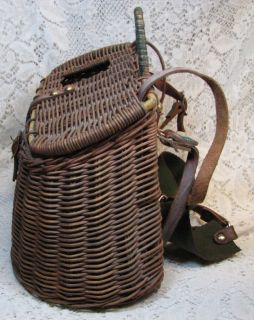 Vintage 1940s Woven Wicker Fishing Creel with Original Straps