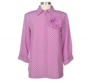 Susan Graver Crepe Polka Dot Big Shirt with Flower Pin —