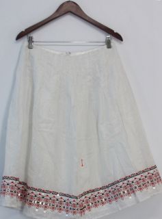 Victor Costa Sz M Occasion Pleated Lurex Skirt w/ Appliqué Hem White