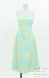  Pulitzer Yellow & Blue Animal Print Cotton Tie Back Strapless Dress