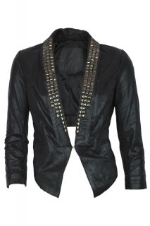 Womens Chic Silver Studded Slim Cropped Leather Jacket