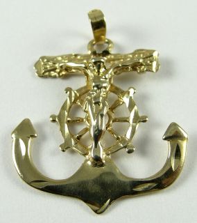 14K Gold Anchor Cross Crucifix Jesus Wheel Pendant Yellow Diamond Cut