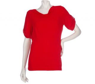 Susan Graver Liquid Knit Empire Seam Top with Cowl Neck and Tab 