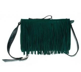 Makowsky Double Zip Top Gusseted Crossbody Bag w/Fringe Detail 