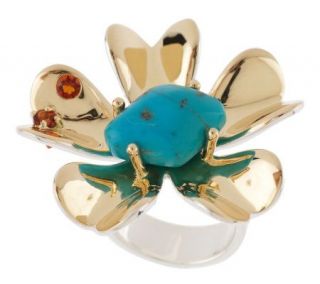 Sterling Bold Turquoise and Madeira Citrine Goldtone Flower Ring