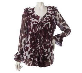 Dennis Basso Printed Button Front Ruffle Blouse with Cami —