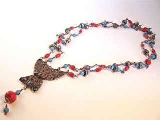   Turkish Turquoise Red Coral Necklace Ethnic Antique Silver Pendant
