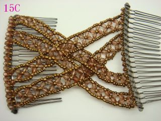 1x Brown Crystal beads Stretchy EZ Double Hair Combs Clips For Girls