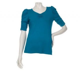 Kelly by Clinton Kelly V Neck Top w/ Ruched Sleeves —