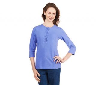 Liz Claiborne New York 3/4 Sleeve Henley with Ruffle Placket