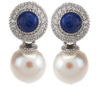 Judith Ripka Sterling Lapis and Baroque Cultured Pearl Drop Earrings 