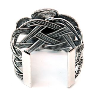Sophisticated Metal Braided Cuff Bracelet w Large Stoned Floral Accent