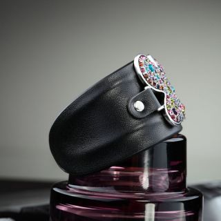  Black Leather Rhinestone Butterfly Cuff Bracelet Multicolor