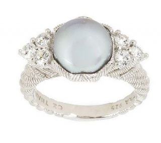 Judith Ripka Sterling 9.5mm Cultured Pearl Ring with Diamonique Deta 
