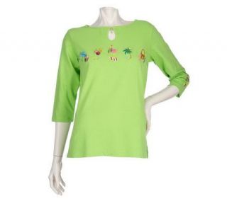 Quacker Factory Embroidered 3/4 Sleeve Keyhole T shirt with Charm 