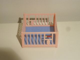 Vintage Renwal Dollhouse Furniture Stroller Crib Pink Blue