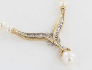  14k Yellow Gold Diamond Cultured Pearl Necklace Fine Jewelry Pre Owned