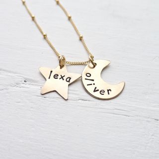 Custom Gold Star and Moon Necklace Personalized Jewelry in 14K