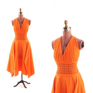  70s Bright Orange Cotton Summer Halter Fairy Cut Sheer Crochet DRESS M