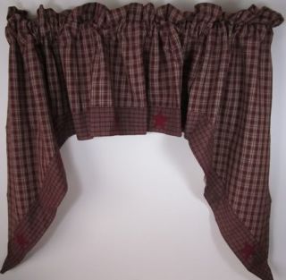  Burgundy Tan Plaid Applique Star Lined Cotton Curtain Swags 72x36