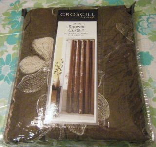 CROSCILL EMBROIDERED FLORAL SHOWER CURTAIN W/ RIBBON TRIM CHOCOLATE