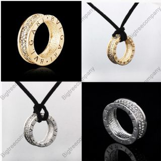 18K White Gold Plated Swarovski Crystal Ring Pendant Black String