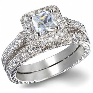  Gold .925 Platinum Princess Cut Antique CZ Engagement Ring Wedding Set