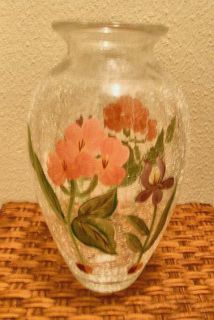 Vase Crackle Glass Clear Handpainted Flowers Pink Purple Clear 10