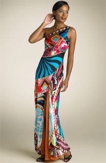 Mary L Couture One Shoulder Geometric Print Gown