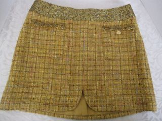 CHANEL COUTURE Strass Jeweled Yellow Wool Tweed Mini Skirt 40 6 M7240