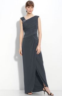 Adrianna Papell Crystal Brooch Ruched Jersey Gown