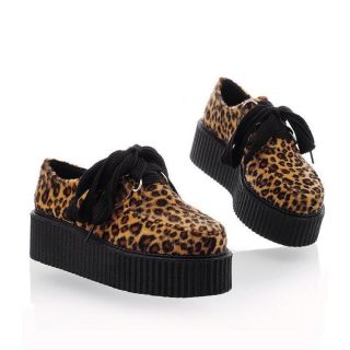 Faux Suede Leopard Lace Up Punk Goth High Platform Flat Creeper Shoes