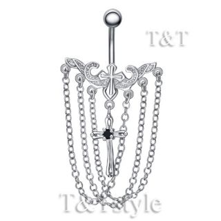 cz cross chandelier dangle belly bar ring bl19