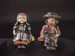 Antique Painted Cast Iron Amish Mennonite Figurine Doll Man and Woman