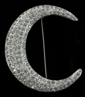 Vintage Deco 1930s Huge Crescent Moon Paste Rhinestone Silver Pin